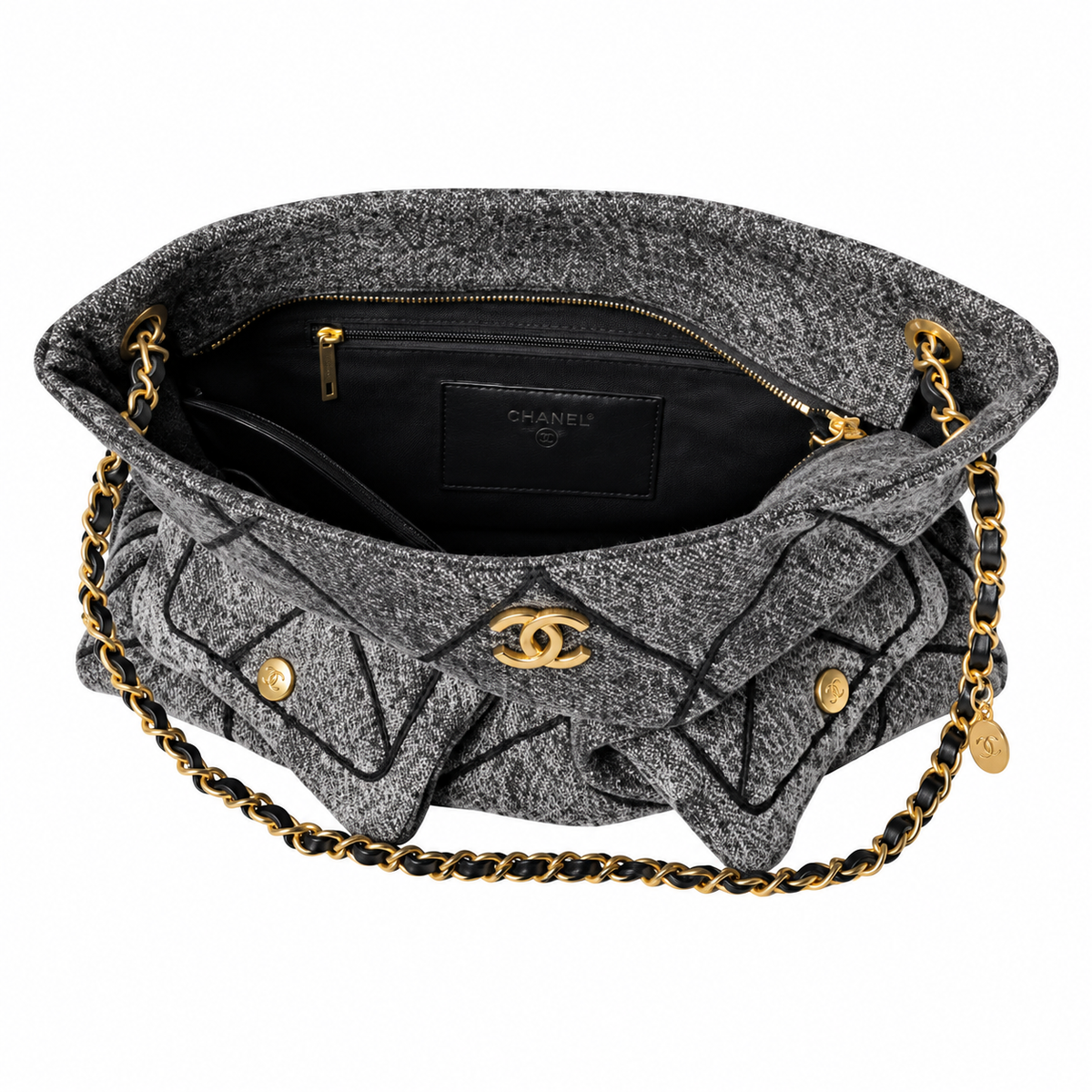 Chanel 24A Quilted Tweed Shopping Bag Grey 25.5×38×10.5cm