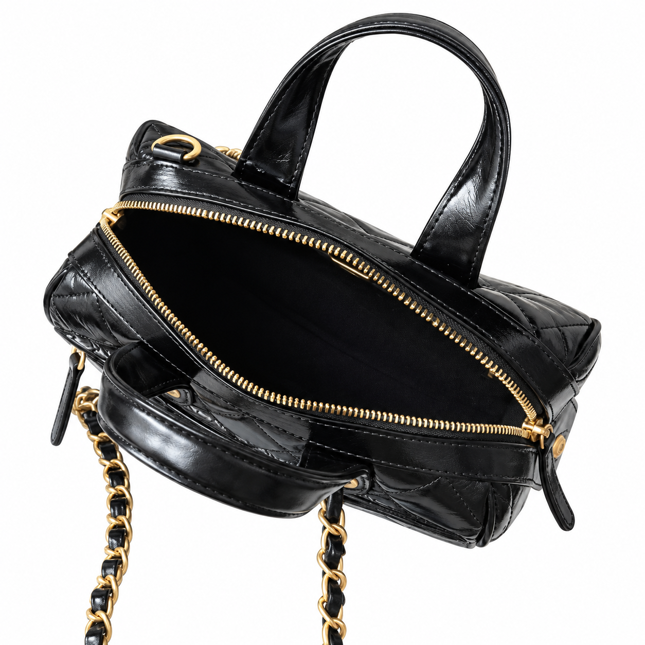 Chanel Quilted Aged Calfskin Bowling Bag Black Gold CC 21cm