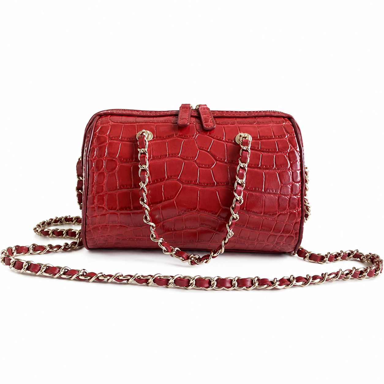 Chanel Cherry Red Croc-Embossed Bowling Bag | Gold CC Badge & Tonal Red Chain