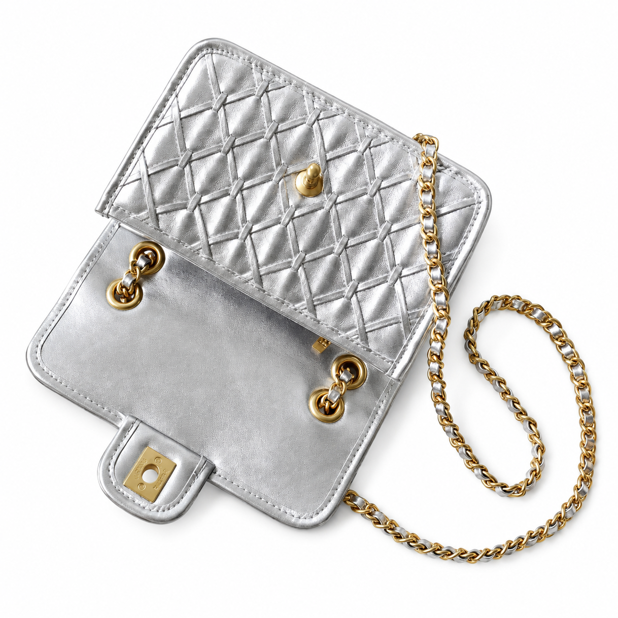 Chanel Silver Crinkled Metallic Quilted Small Flap Bag