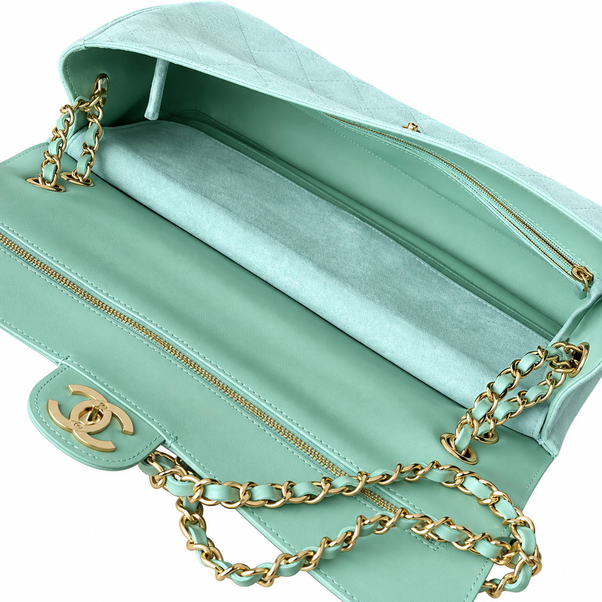 Chanel Classic Double Flap Jumbo Quilted Suede Mint Gold 32cm
