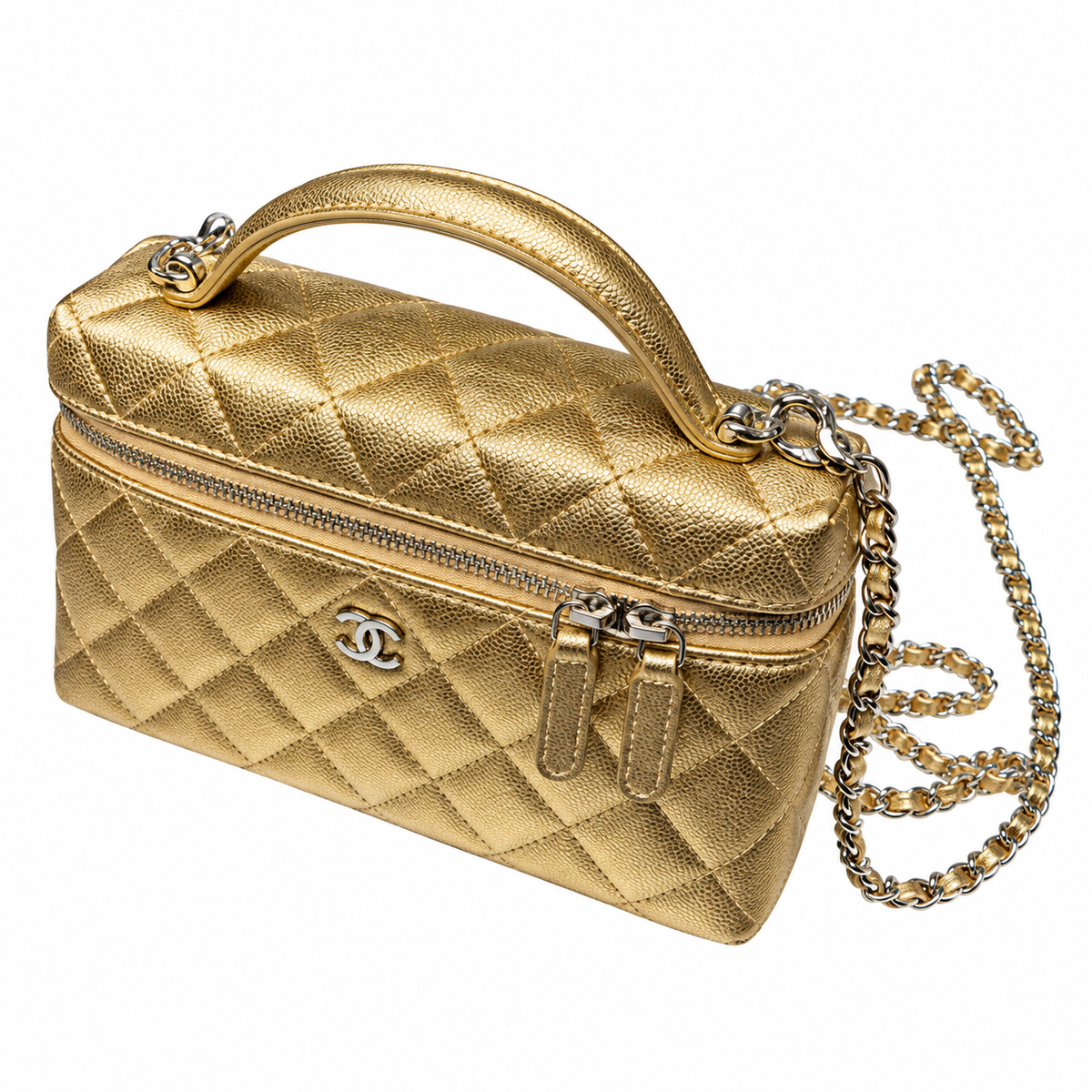 Chanel Quilted Gold Metallic Caviar Vanity Case Bag Silver Hardware 19.5cm