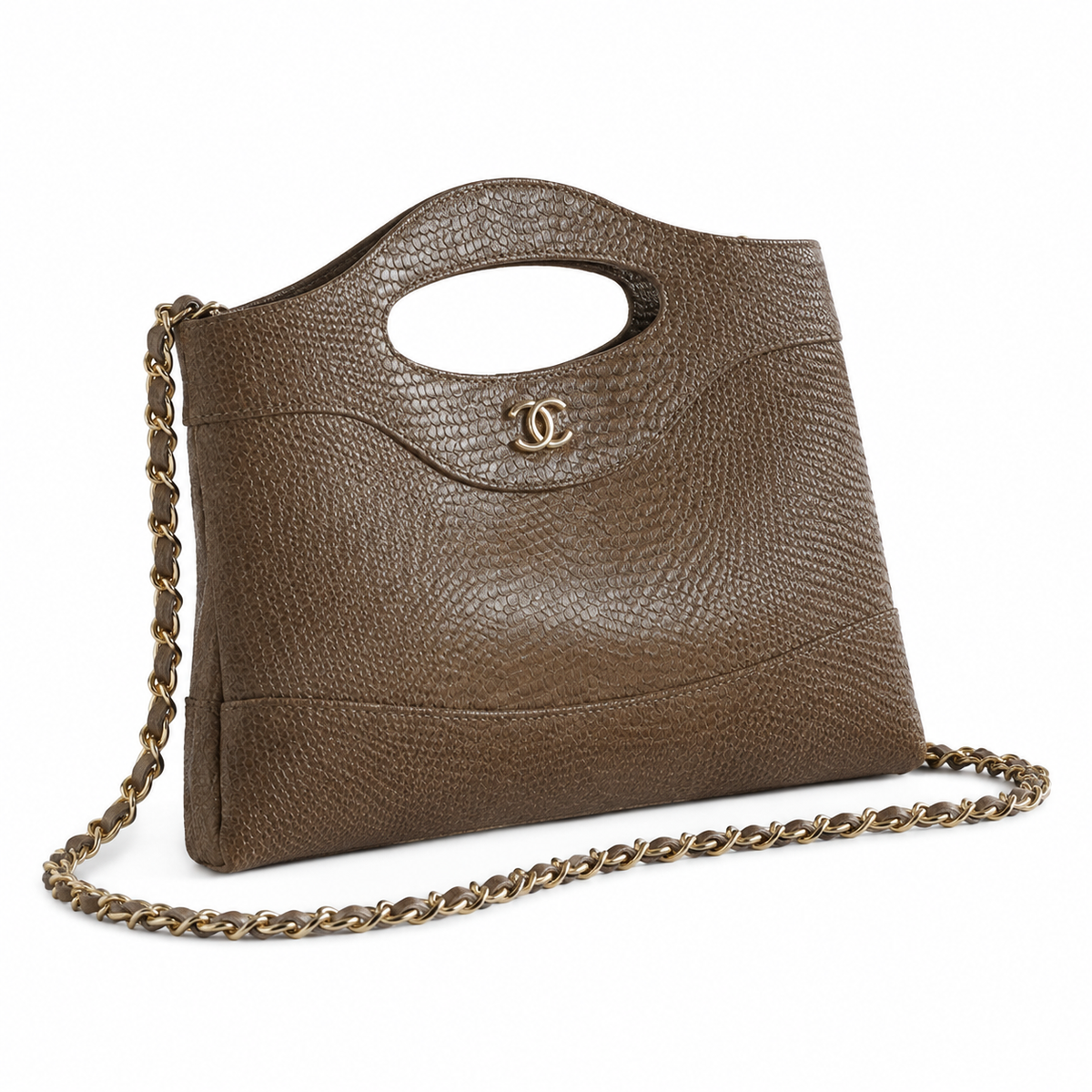 Chanel Olive Brown Lizard-Embossed Leather Tote | Cut-Out Handle, CC Logo & Gold Chain