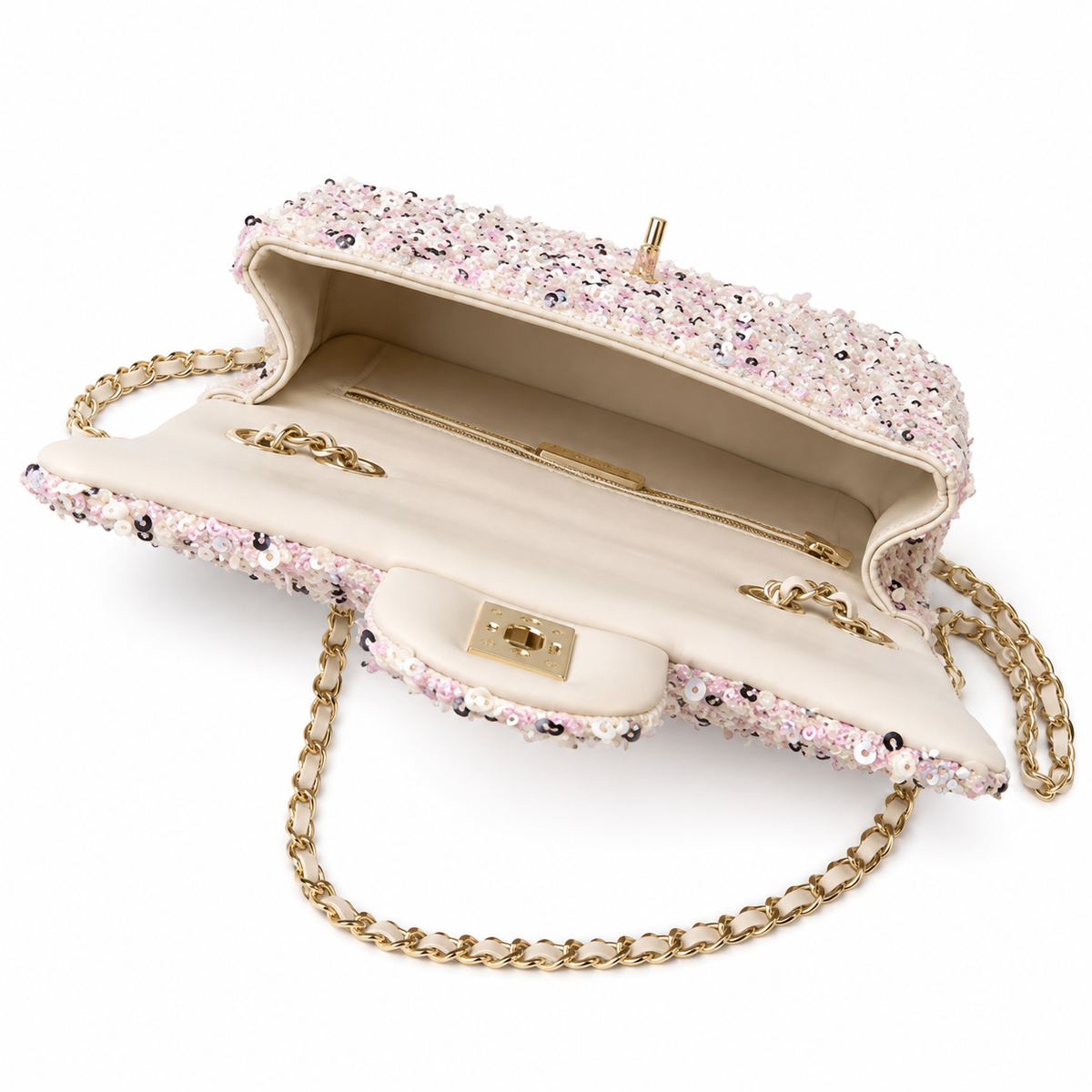 Chanel Floral Sequin Flap Bag | CC Turn-Lock Gold Chain Pink — 20cm