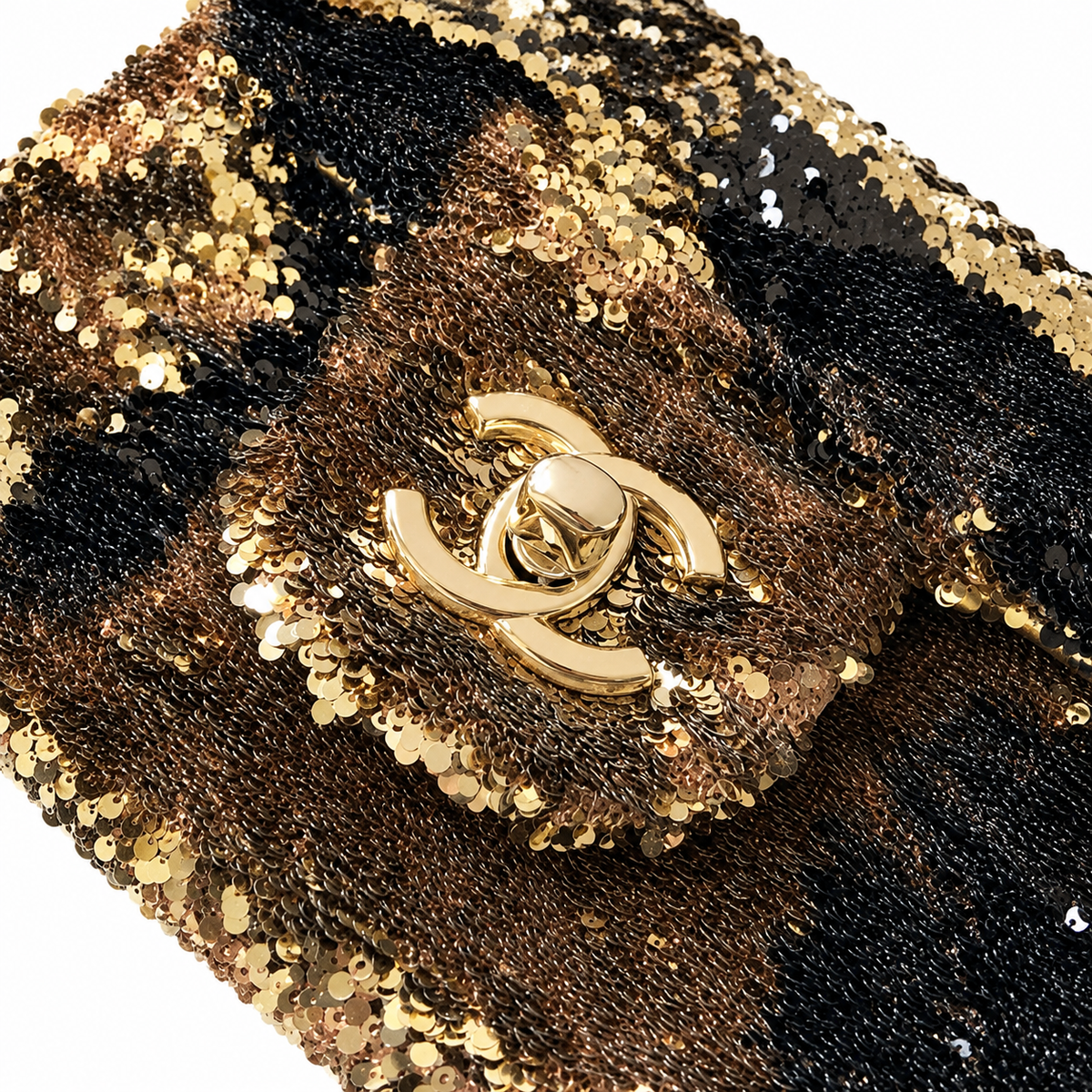 Chanel Black & Gold Tiger-Stripe Sequin Medium Flap Bag | Gold Silk Lining, Nude Piping & CC Turn-Lock