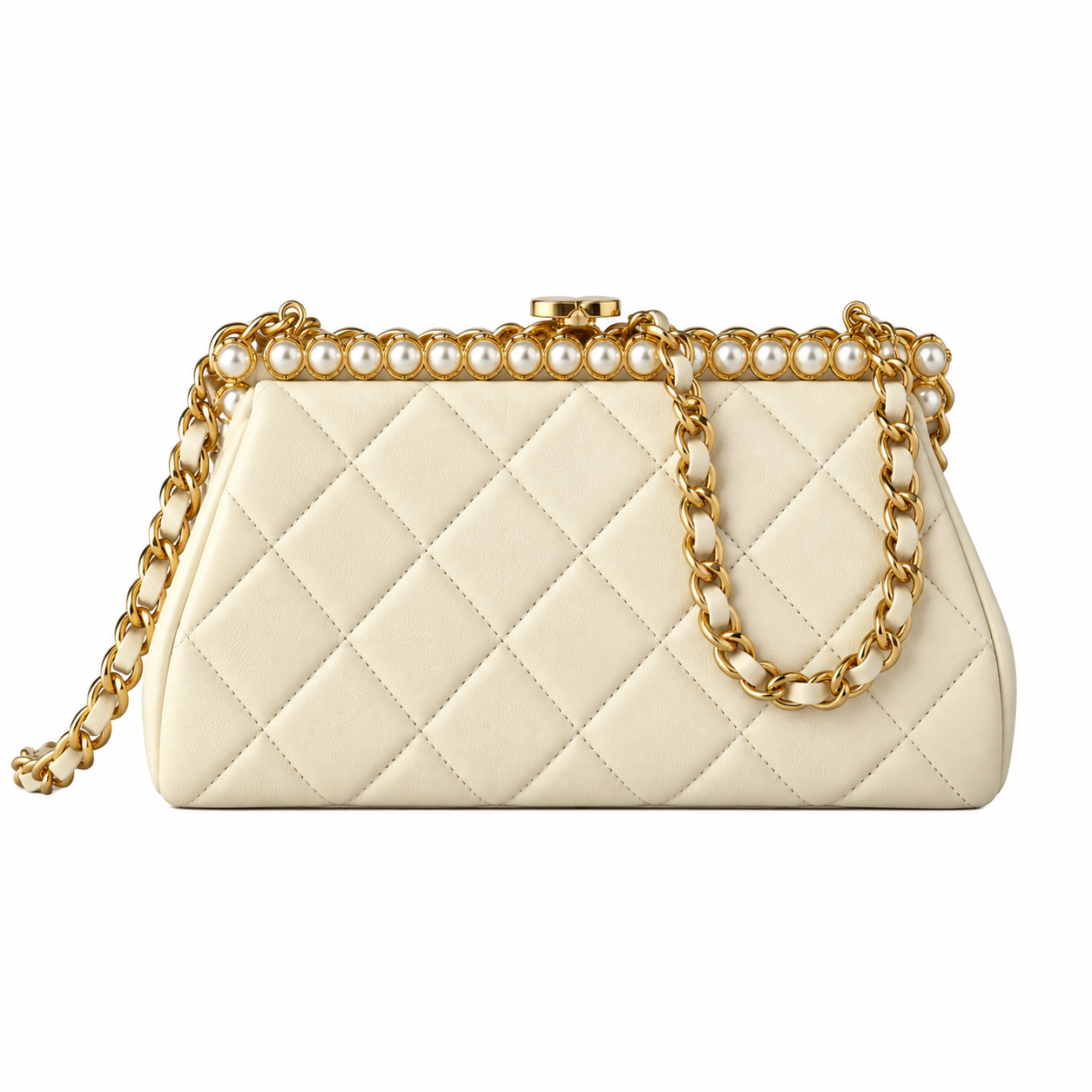 Chanel Pearl Frame Quilted Clutch Cream 10×20×7cm