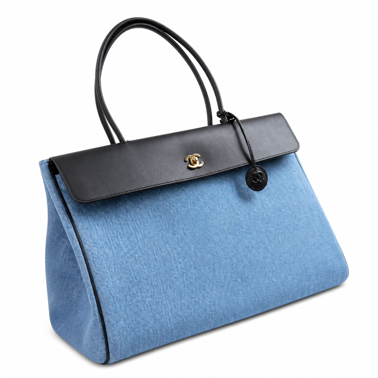 Chanel Large Tote Bag Blue Denim & Black Leather Flap | Gold CC Turn-Lock — 42cm