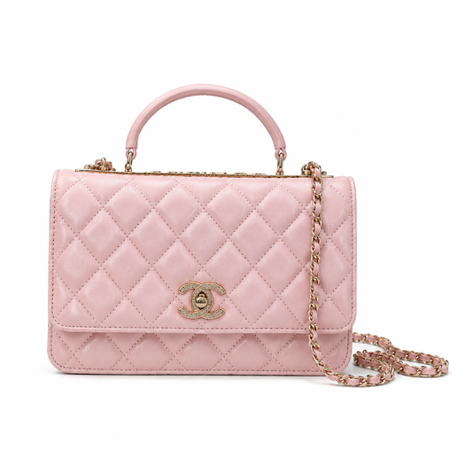 Chanel Sakura Pink Quilted Flap Bag | Crystal Pavé CHANEL Letter Frame Bar, Cylindrical Top Handle & Satin Interior