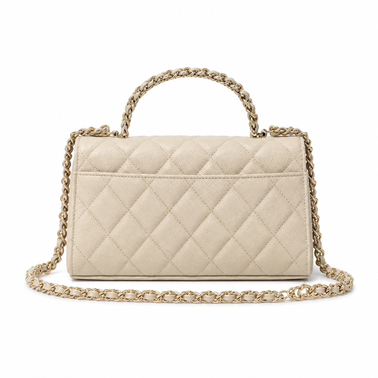 Chanel Ivory Cream Fine-Grain Quilted Mini Top Handle Flap Bag | Gold Chain-Texture CC Turn-Lock & Tonal Ivory Chain