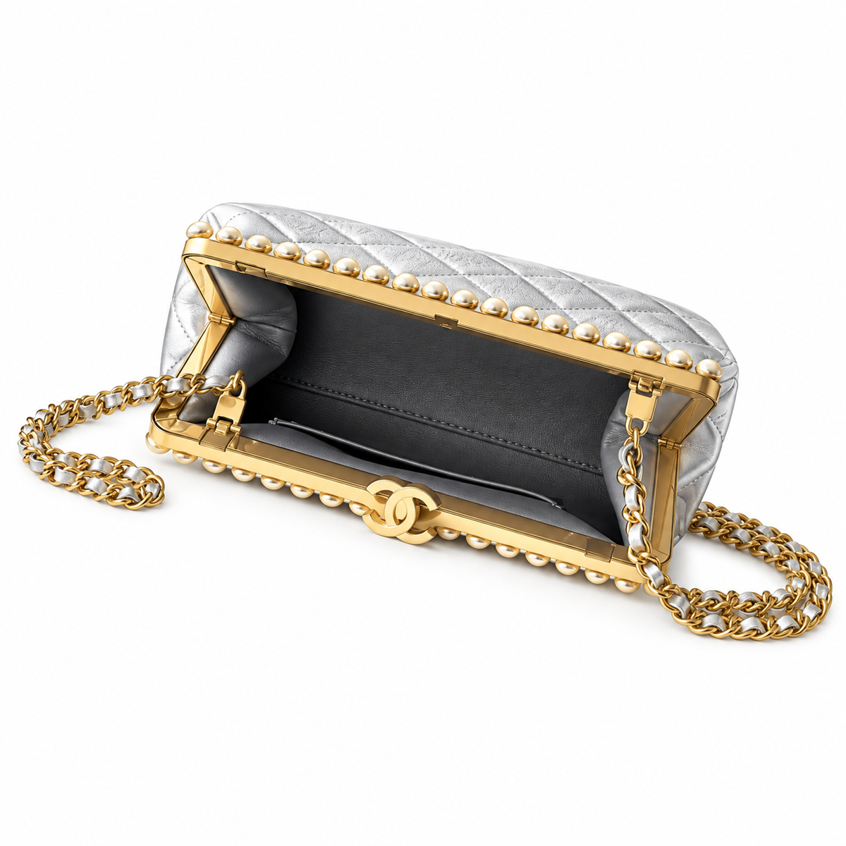 Chanel Pearl Top Frame Clutch Silver Metallic 10×20×7cm