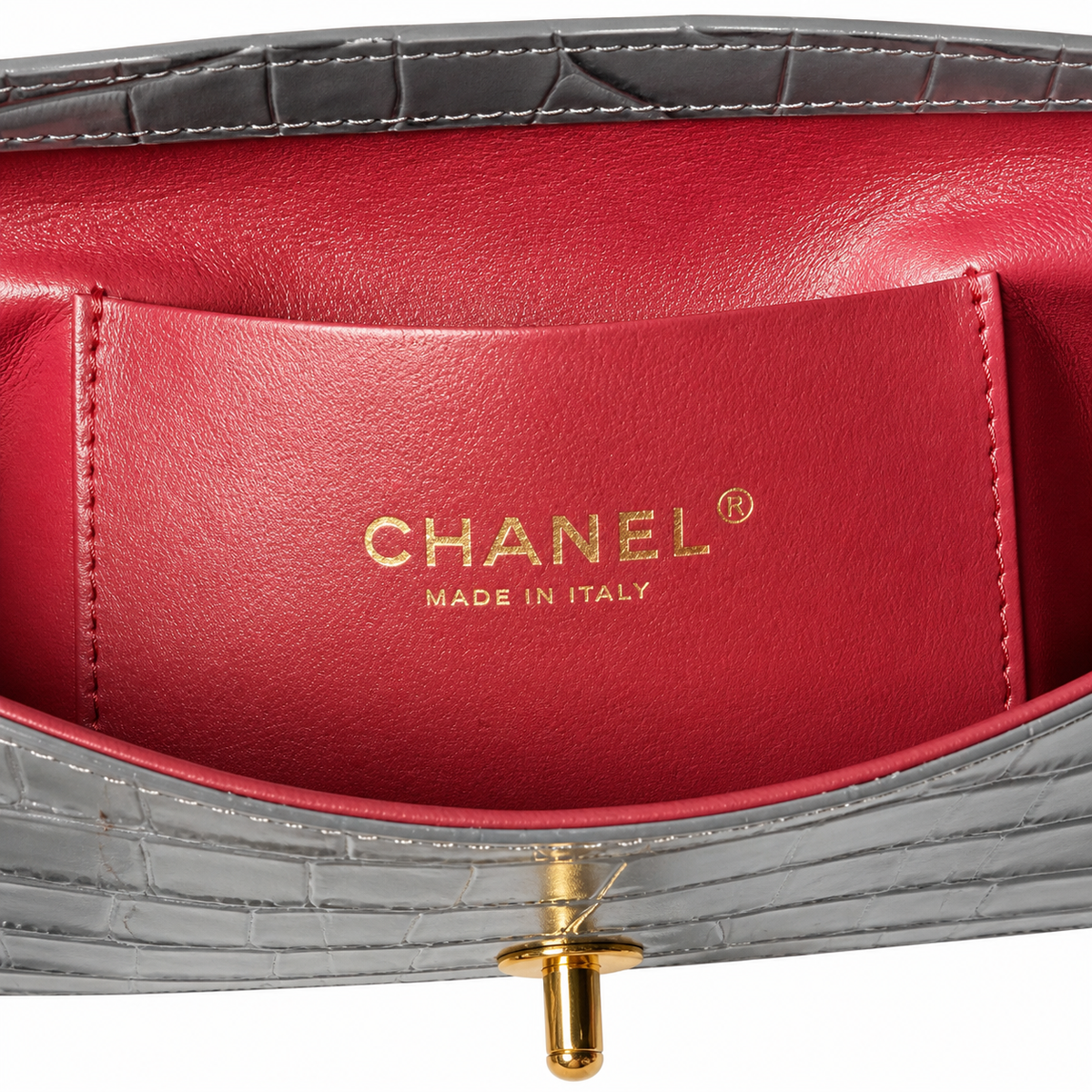 Chanel Charcoal Grey Croc Mini Flap Top Handle Bag | Antique Gold CC — 19.6cm
