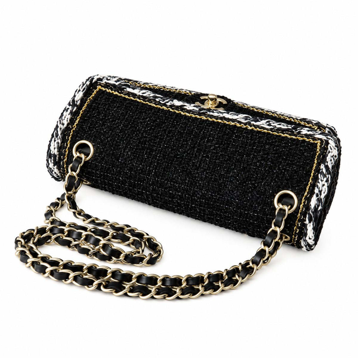 Chanel Classic Double Flap Tweed Black Gold White Trim 25cm