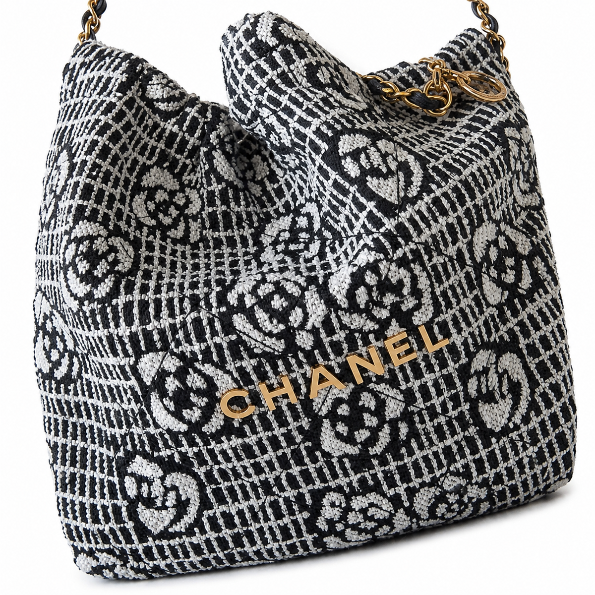 Chanel 22 Bag Large Black & White CC Jacquard Tweed | Gold Chain Handles — 42cm