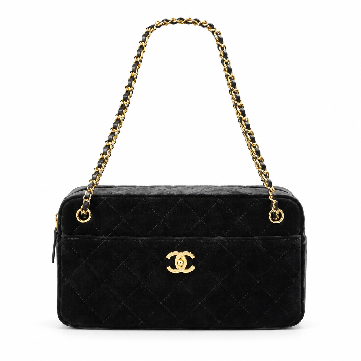 Chanel Black Suede Quilted Camera Bag | CC Turn-Lock Front Pocket, Top Zip & Gold Chain