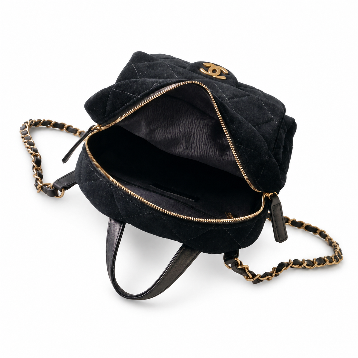 Chanel Velvet Quilted Mini Backpack | CC Turn-Lock Gold Chain Black — 22cm