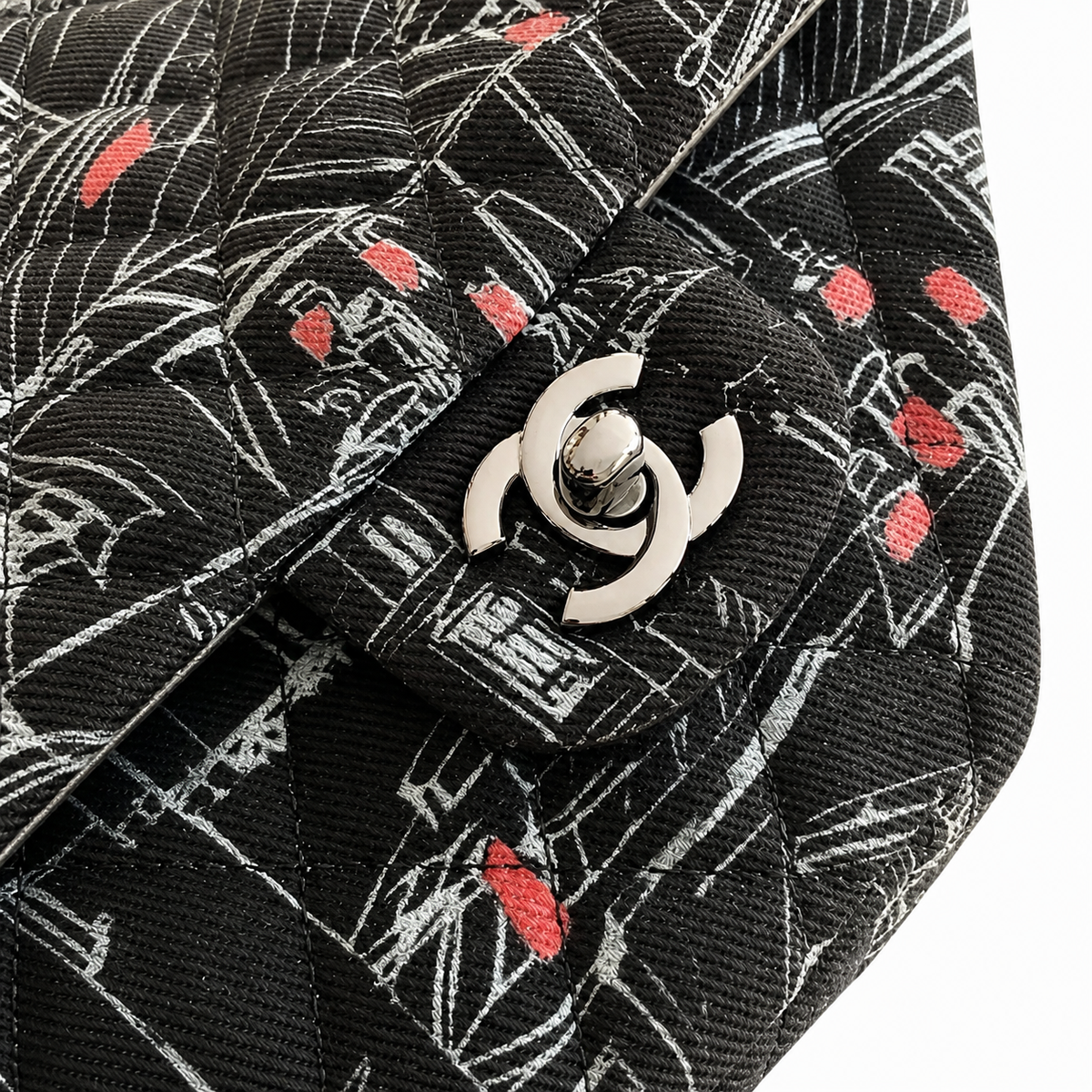 Chanel Medium Flap Bag | Embroidered Fabric Art Print Ruthenium CC Black — 20cm
