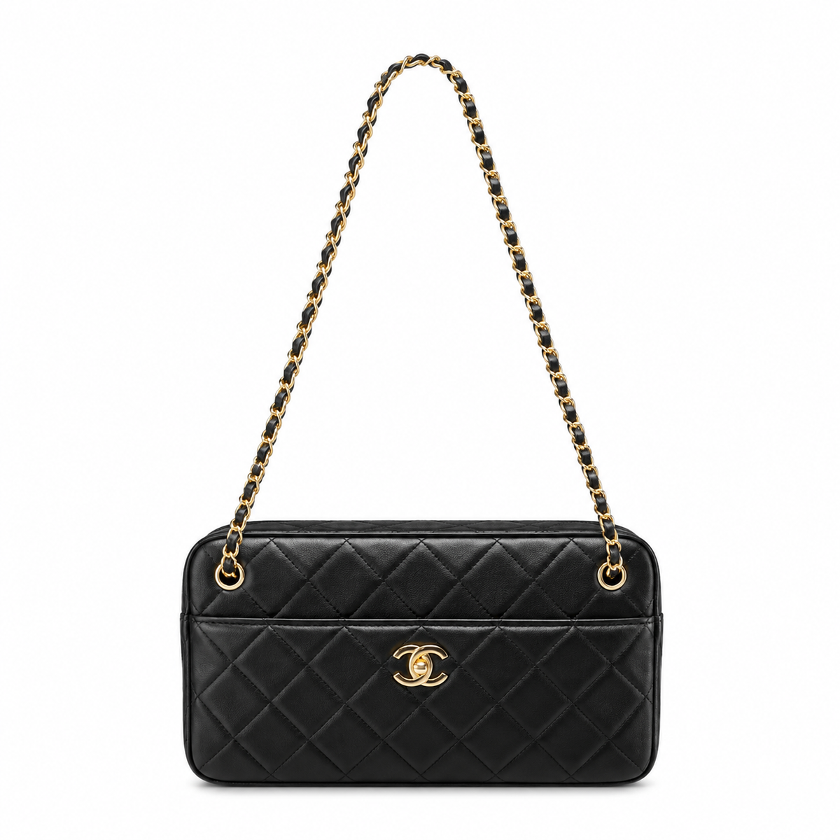 Chanel Black Lambskin Quilted Camera Bag | CC Turn-Lock Lid, Top Zip & Leather-Woven Chain