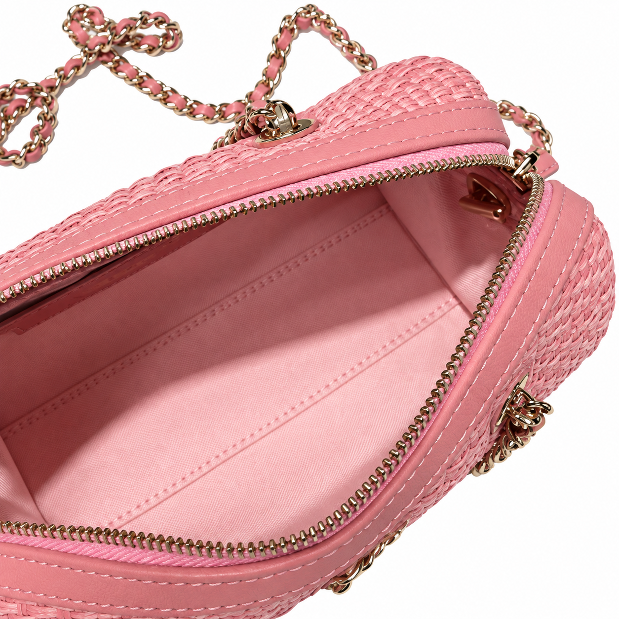Chanel Raffia Barrel Bag Woven Pink Rose Gold Chain 18.5cm