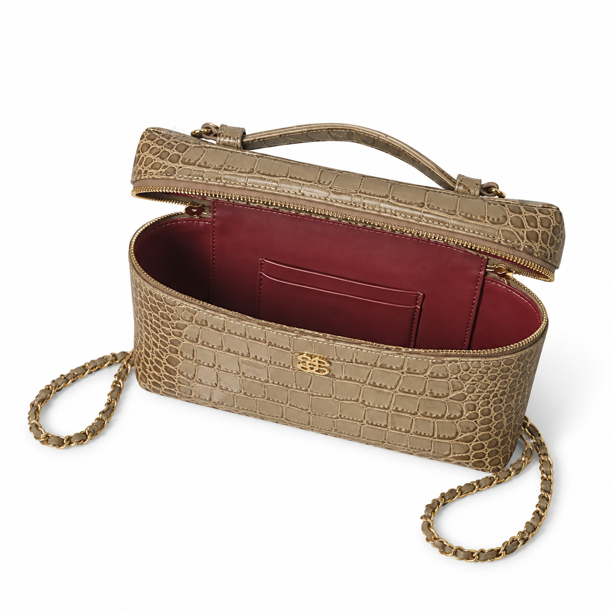 Chanel Taupe Croc-Embossed Structured Box Bag | Full-Width Front Zip & Antique Gold Chain