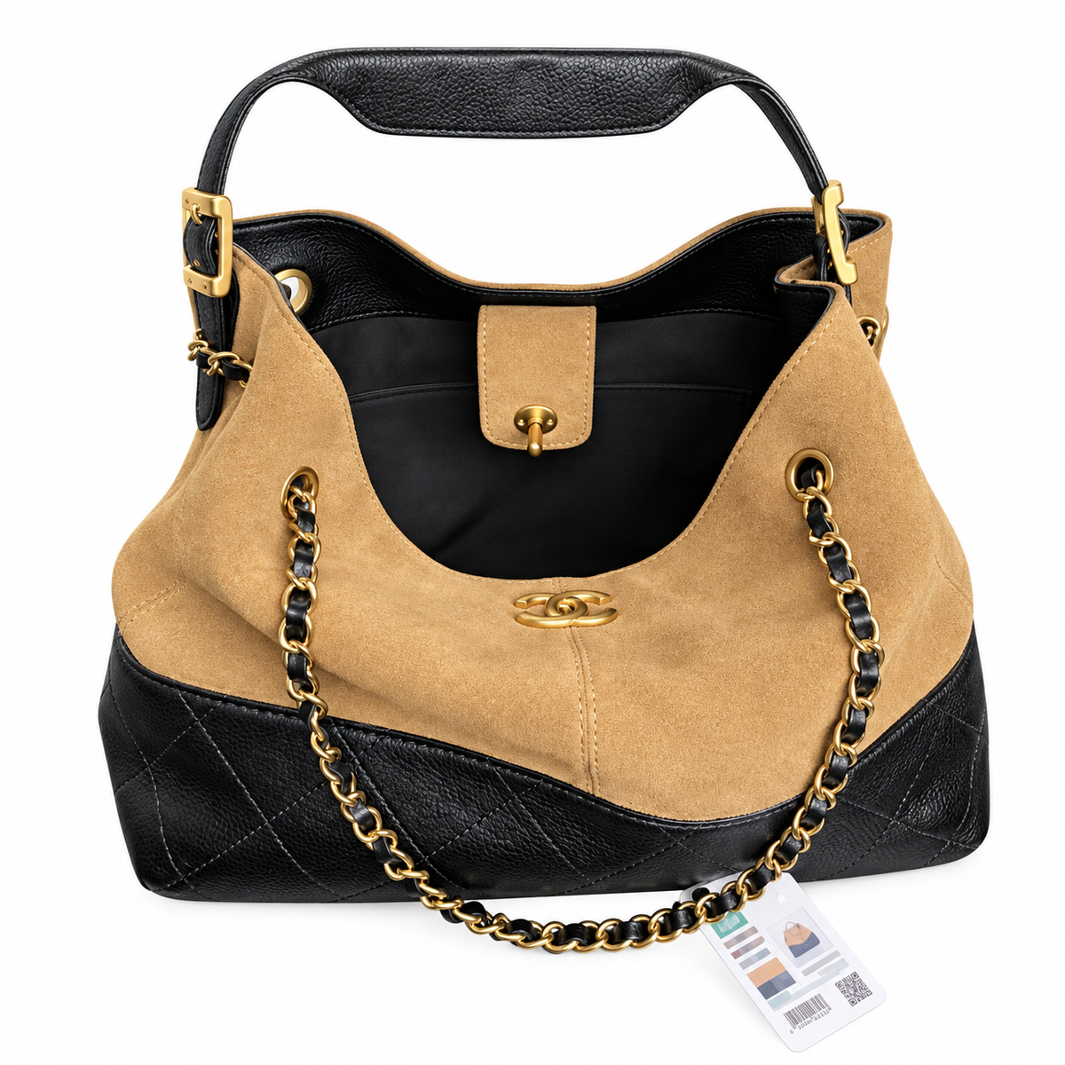 Chanel 24B Bicolor Suede Caviar Quilted Hobo Bag Camel Black 24×36×14cm