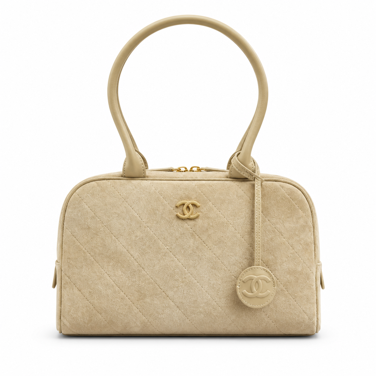 Chanel Bowling Bag Champagne Gold Diamond-Quilted Metallic Fabric | Oversized CC Logo — 29cm