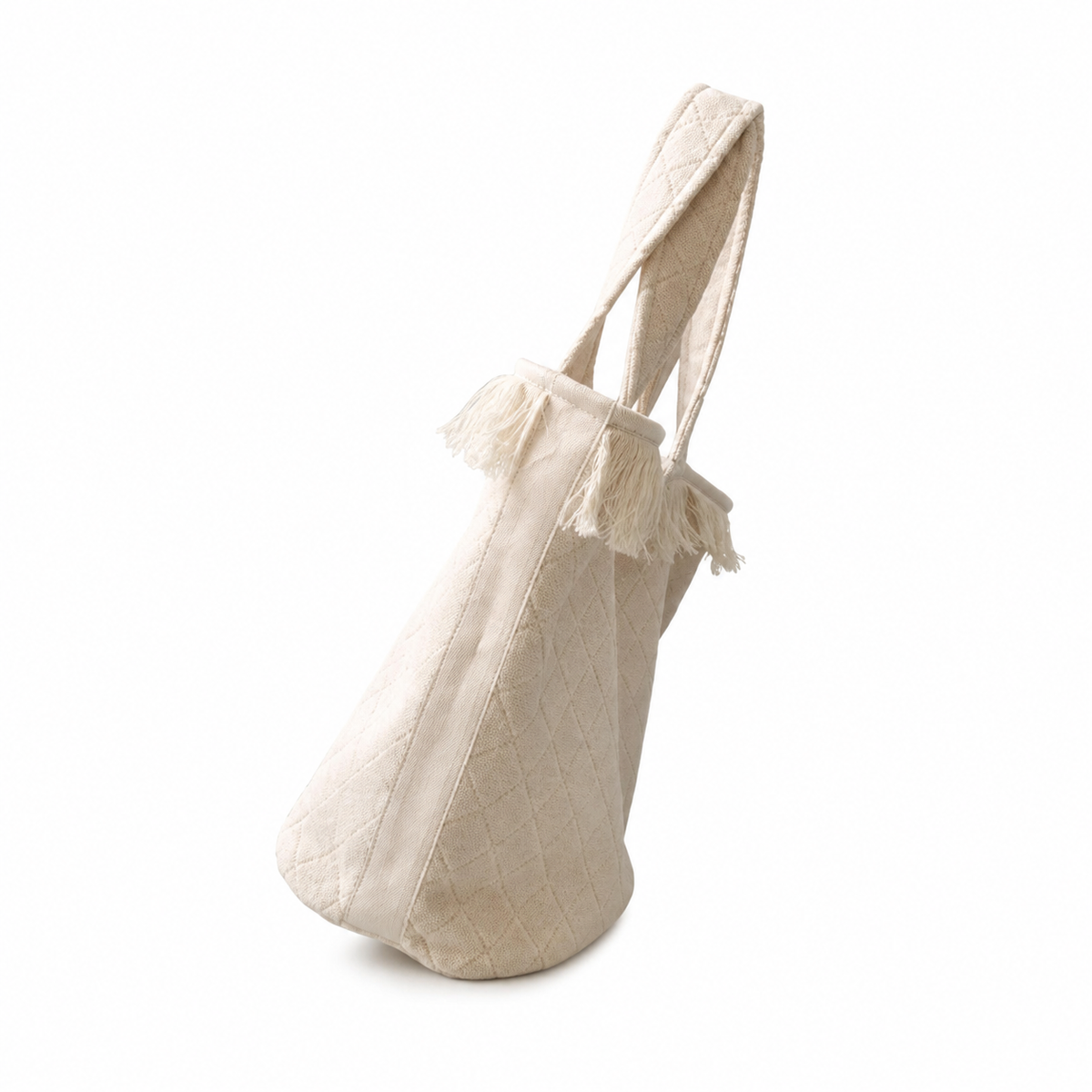 Chanel Ivory Quilted Canvas Large Fringe Tote | Oversized Tonal Embroidered CC, Open Top & Matching Mini Pouch