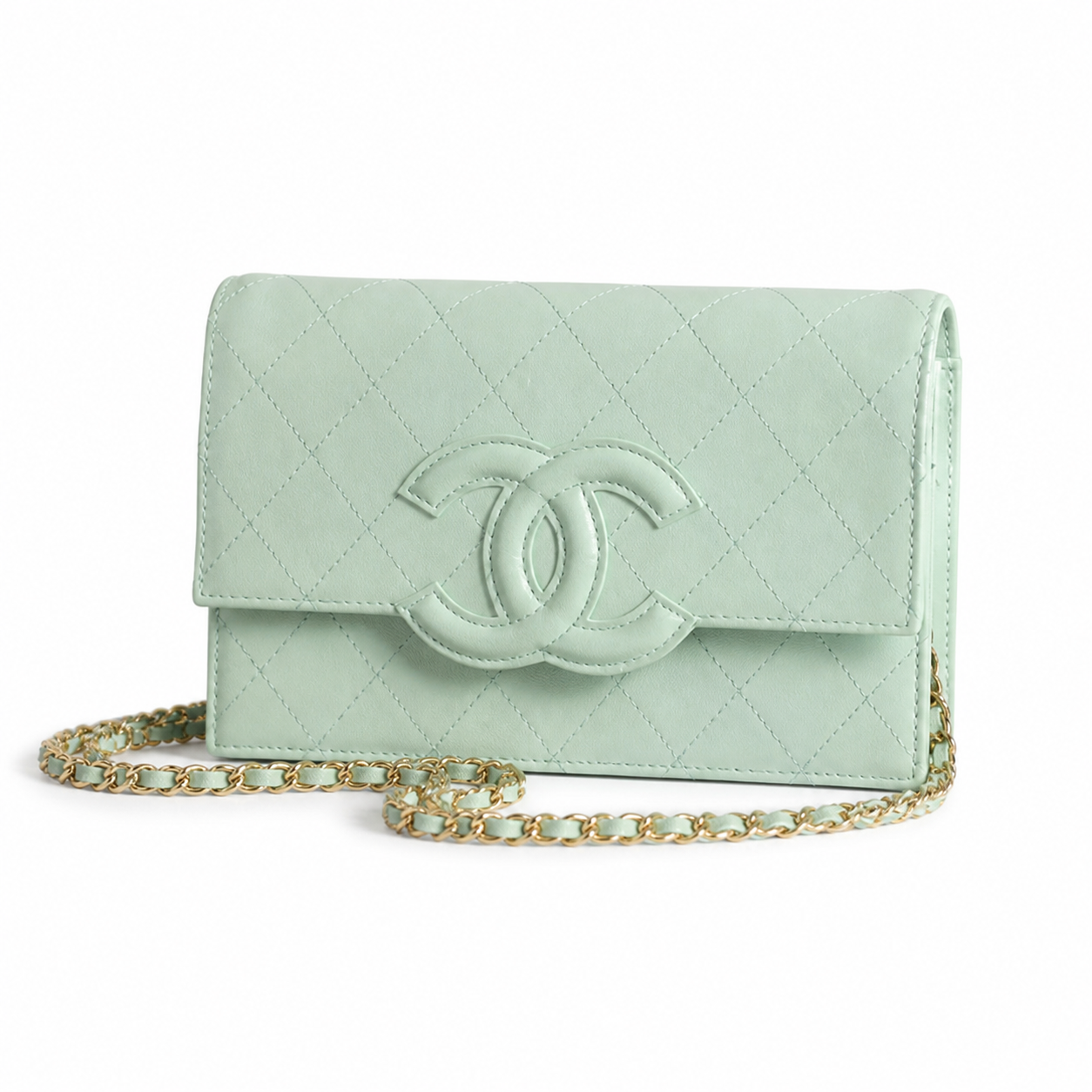 Chanel Mint Green Lambskin WOC | Tone-on-Tone CC & Gold Chain — 19cm