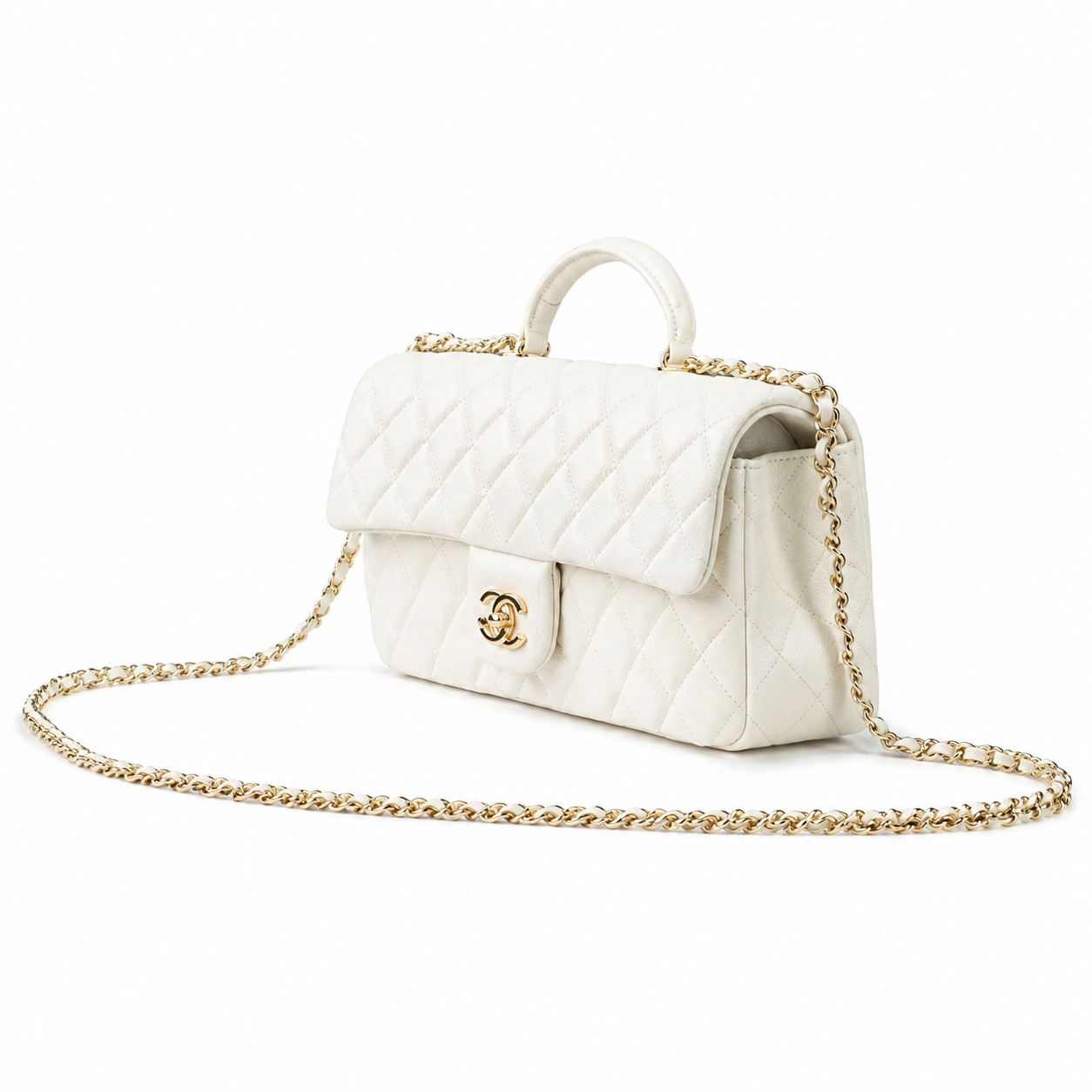 Chanel White Quilted Lambskin Rectangular Flap Bag | Top Handle & Gold Chain