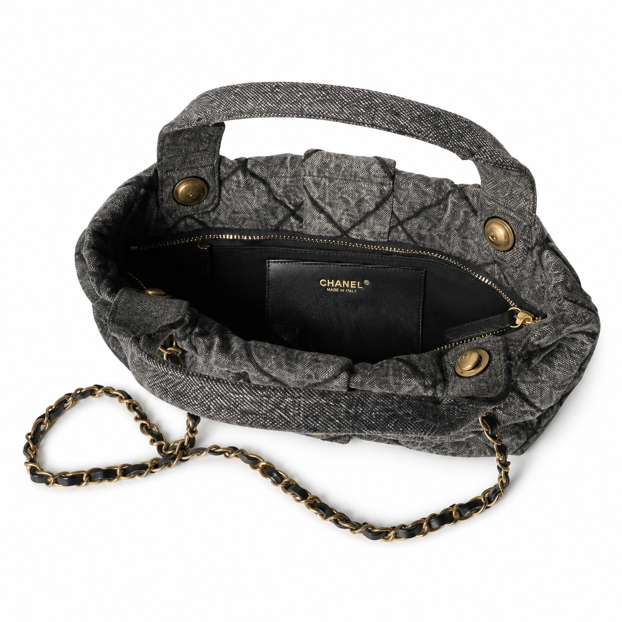 Chanel Dark Denim Honeycomb Quilted Shopping Tote | CC Diamond Gold Grey — 29x38cm