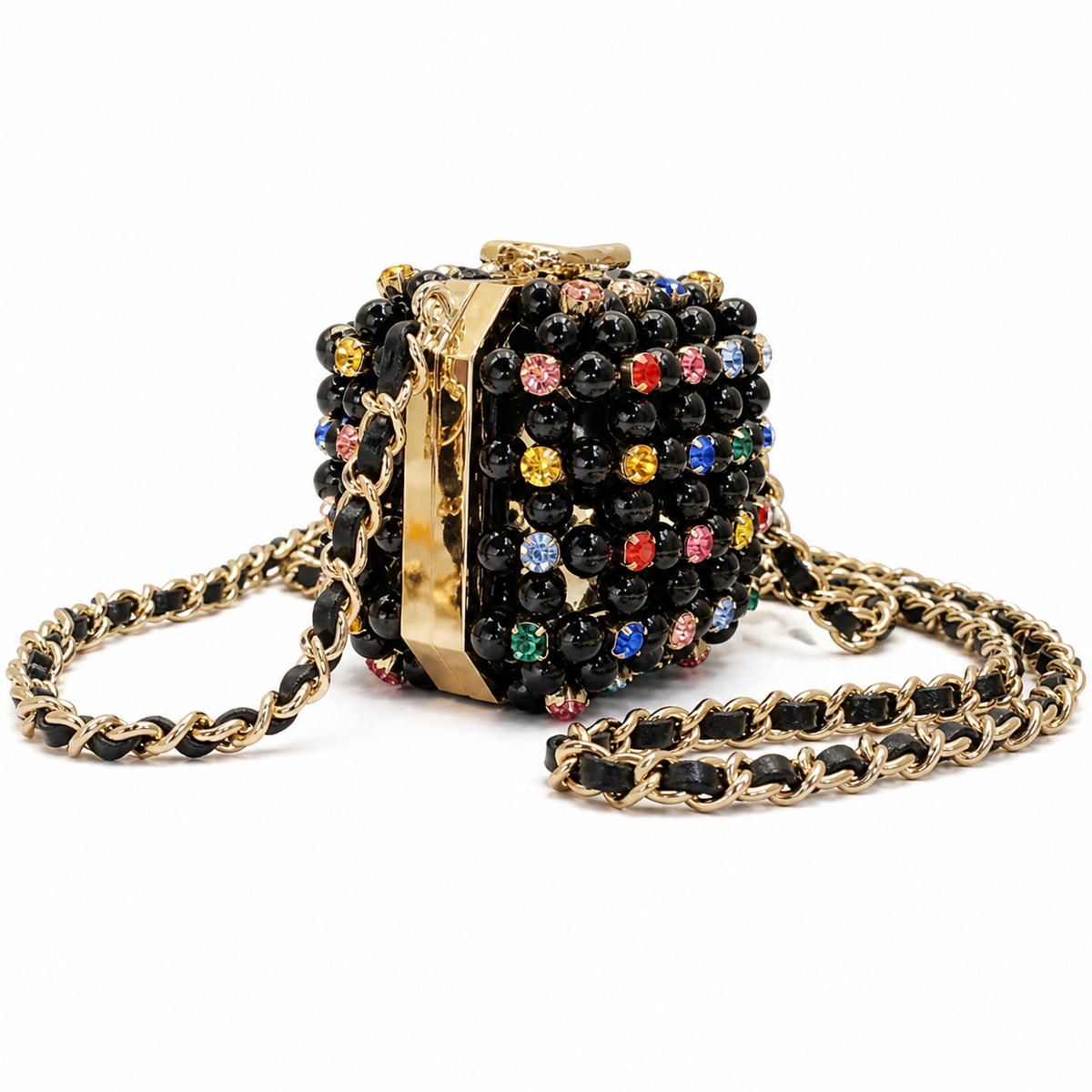 Chanel Black Pearl Minaudère Box Bag | Multicolor Rhinestones & Gold CC — 8cm