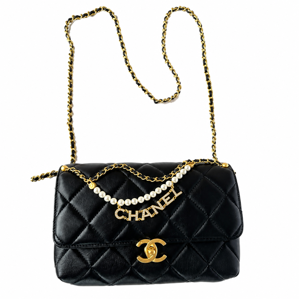 Chanel Quilted Flap Bag | Pearl Chain Crystal Letter Charm Gold CC Black — 23x15cm