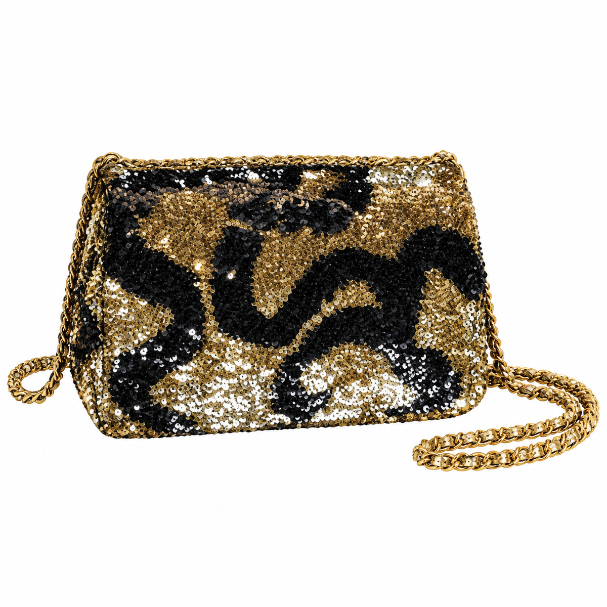 Chanel Classic Flap Leopard Sequin Black Gold 21cm