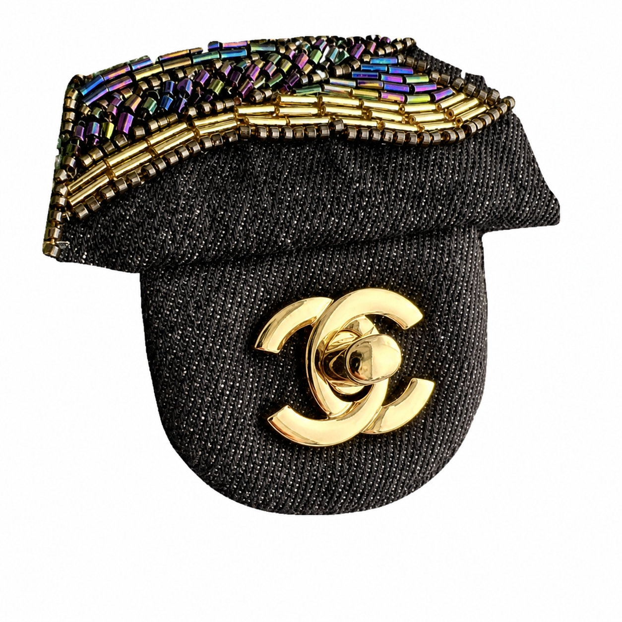 Chanel Dark Denim Medium Flap | Hand-Embroidered Crystal Flowers & Antique Gold CC — 25.5cm