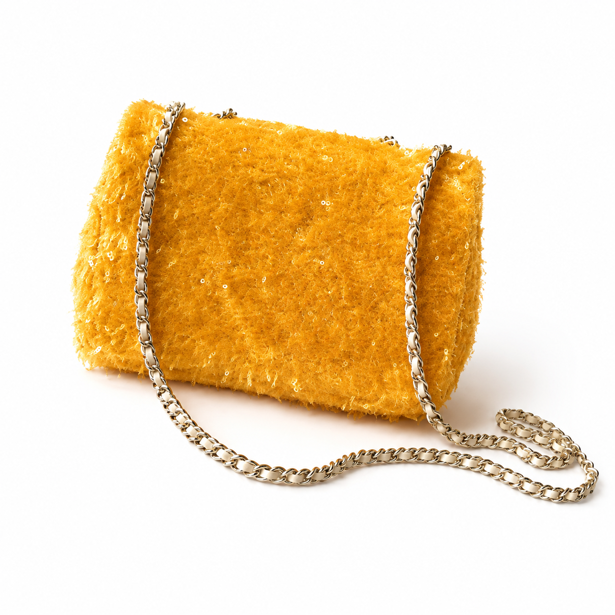 Chanel Sunflower Yellow Sequin on Bouclé Flap Bag | Silver CC & Cream Leather Interior
