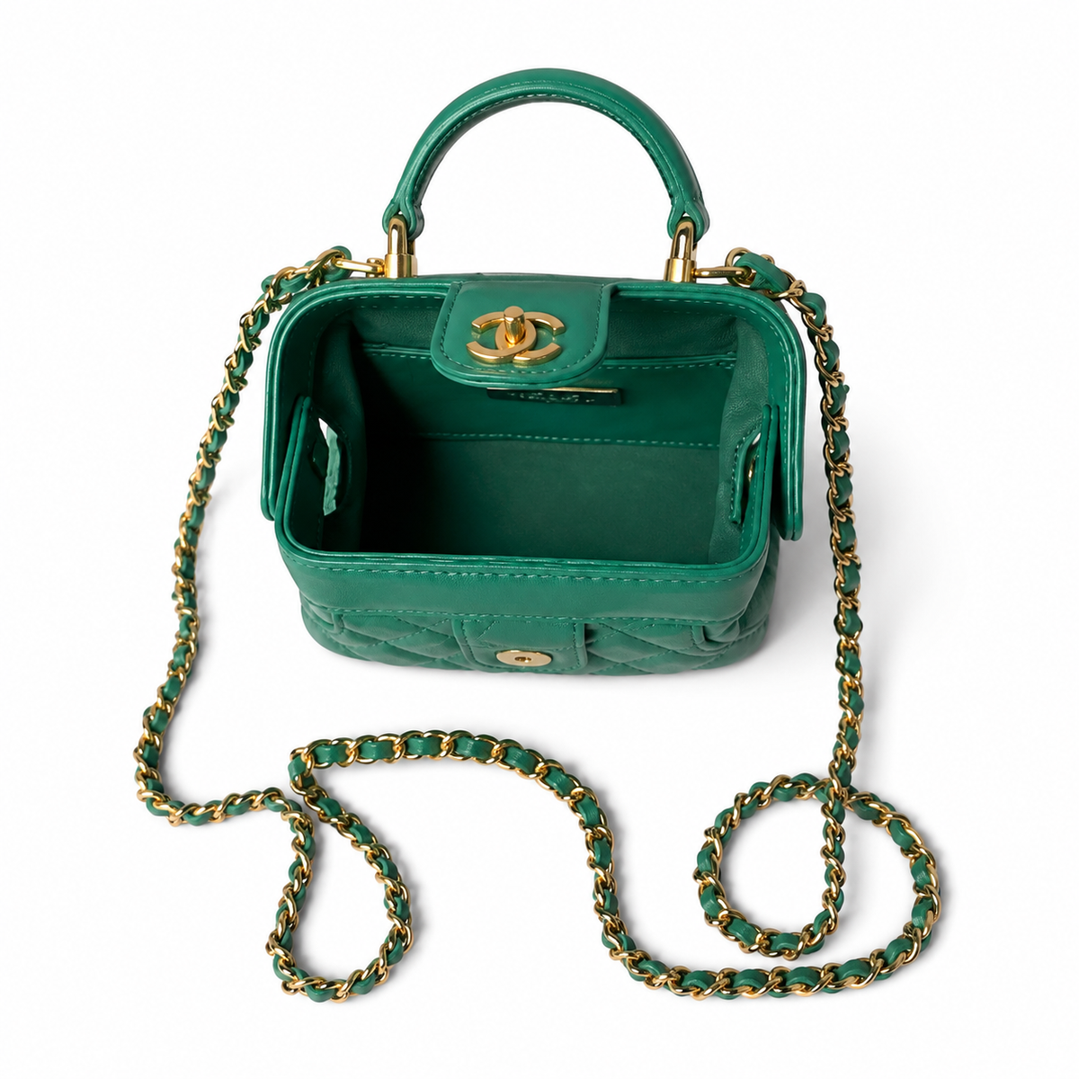 Chanel Mini Top Handle Box Bag | CC Turn-Lock Gold Chain Emerald Green — 9x13cm
