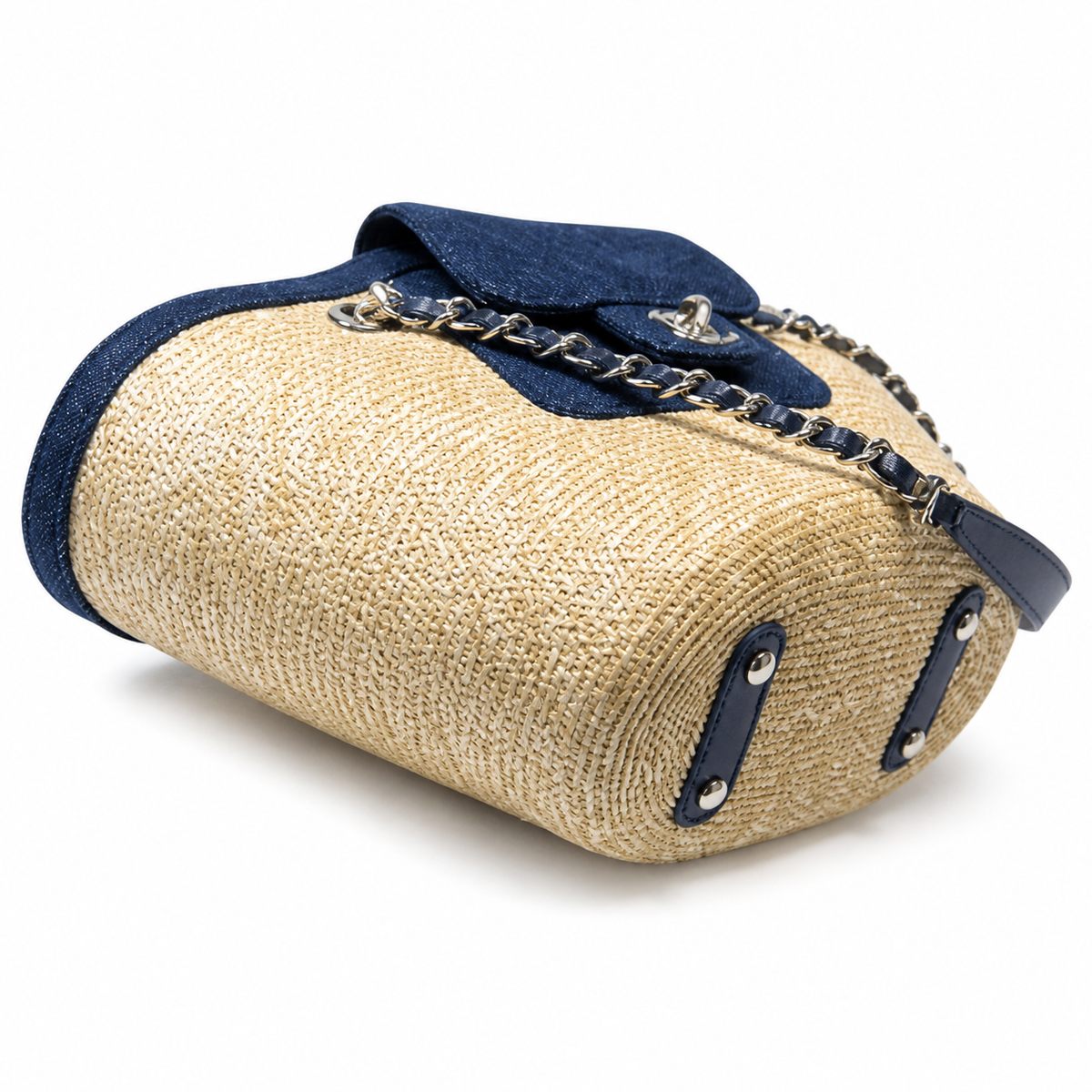 Chanel Small Basket Bag Natural Raffia & Navy Quilted Denim | Silver CC Turn-Lock — 41cm