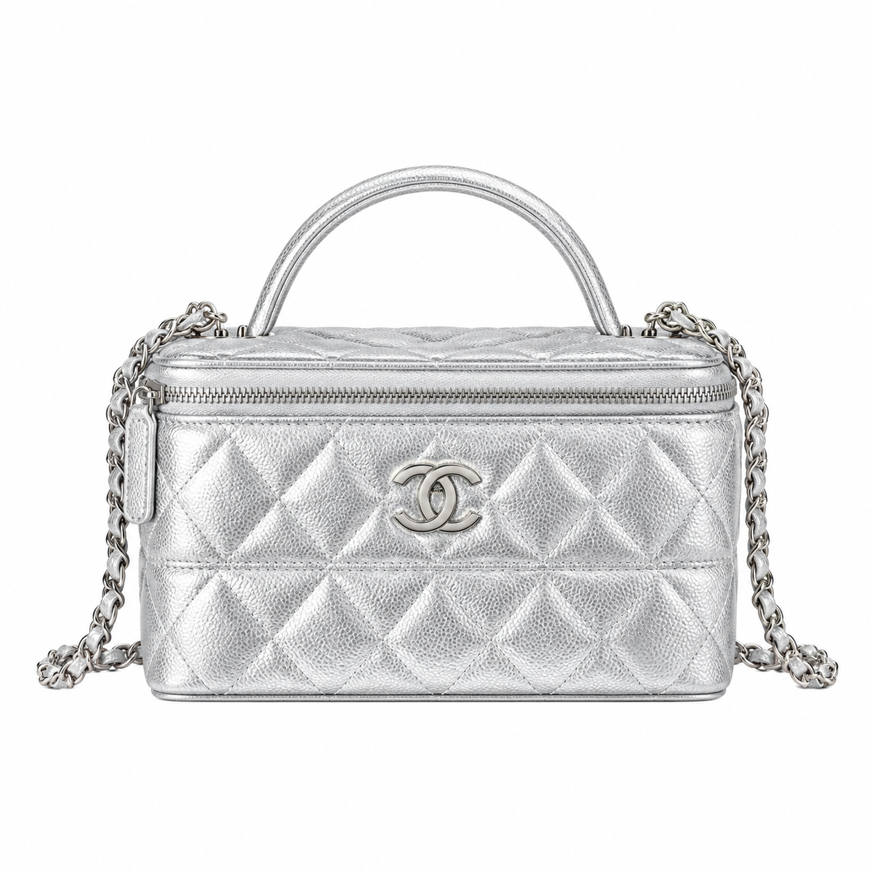 Chanel CC Embossed Metallic Caviar Vanity Case Silver 17cm