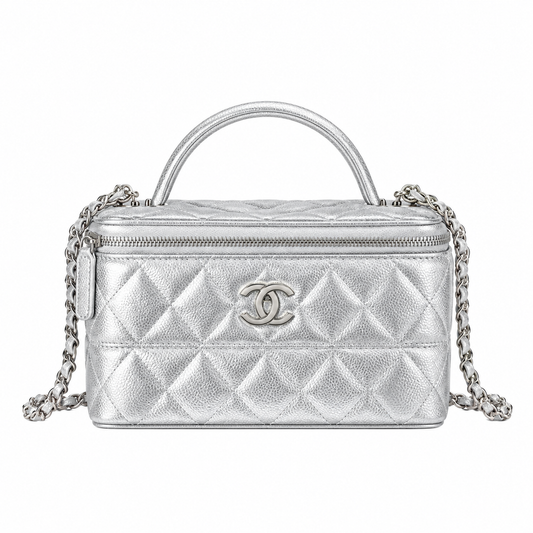 Chanel CC Embossed Metallic Caviar Vanity Case Silver 17cm