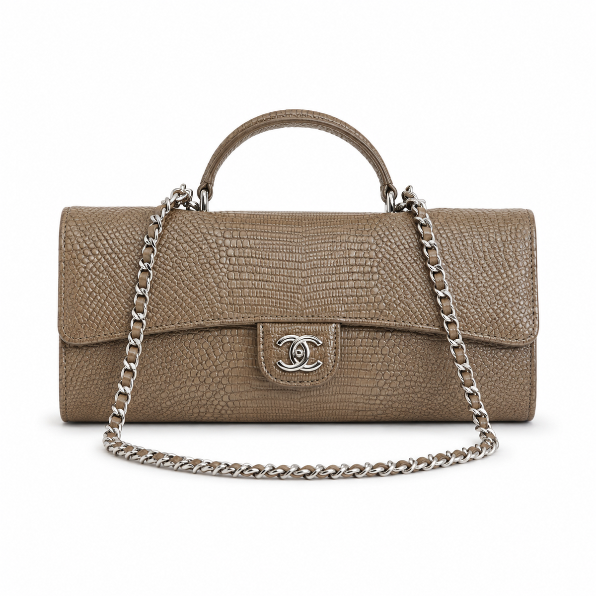 Chanel Bronze Metallic Lizard-Embossed Baguette Flap Bag | Top Handle & Silver Chain