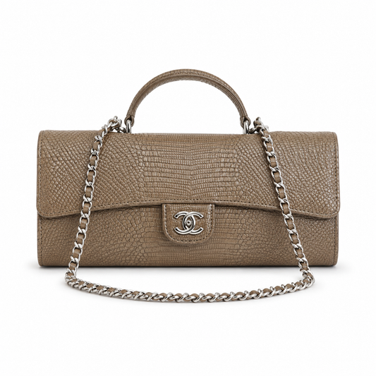 Chanel Bronze Metallic Lizard-Embossed Baguette Flap Bag | Top Handle & Silver Chain