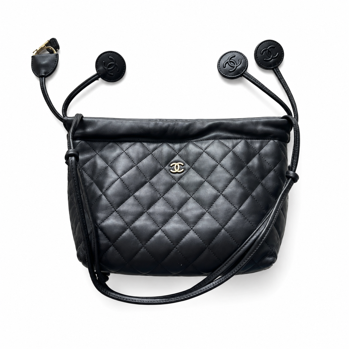 Chanel Black Lambskin Quilted Drawstring Bucket Bag | Four CC Coin Charms & Adjustable Strap