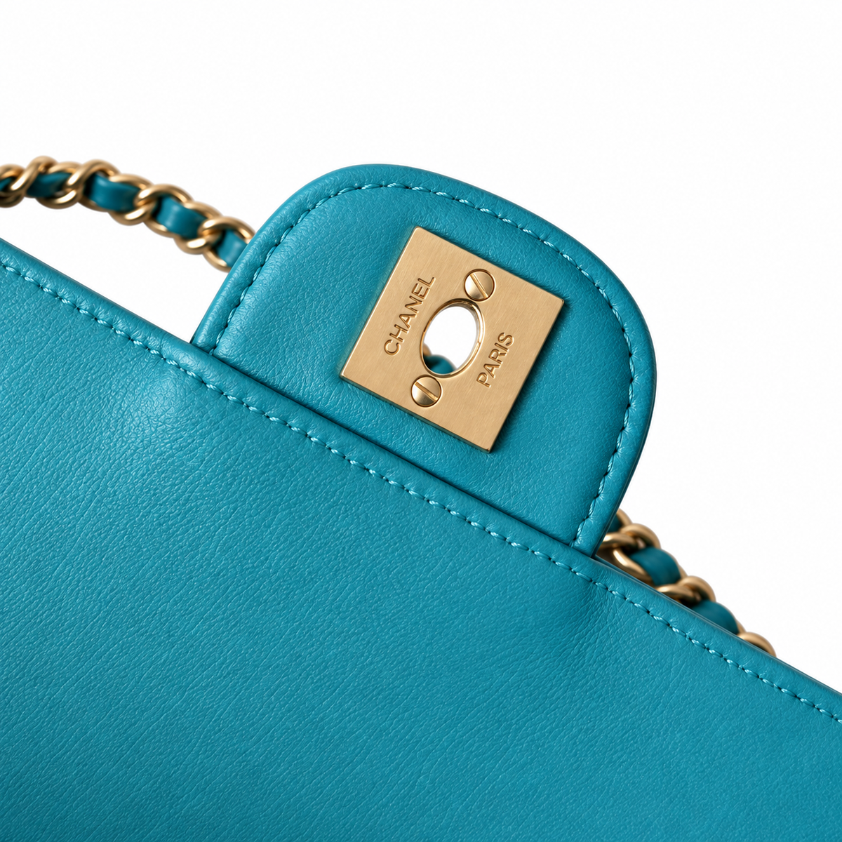 Chanel Square Quilted Lambskin East West Flap Bag Teal Gold 26cm
