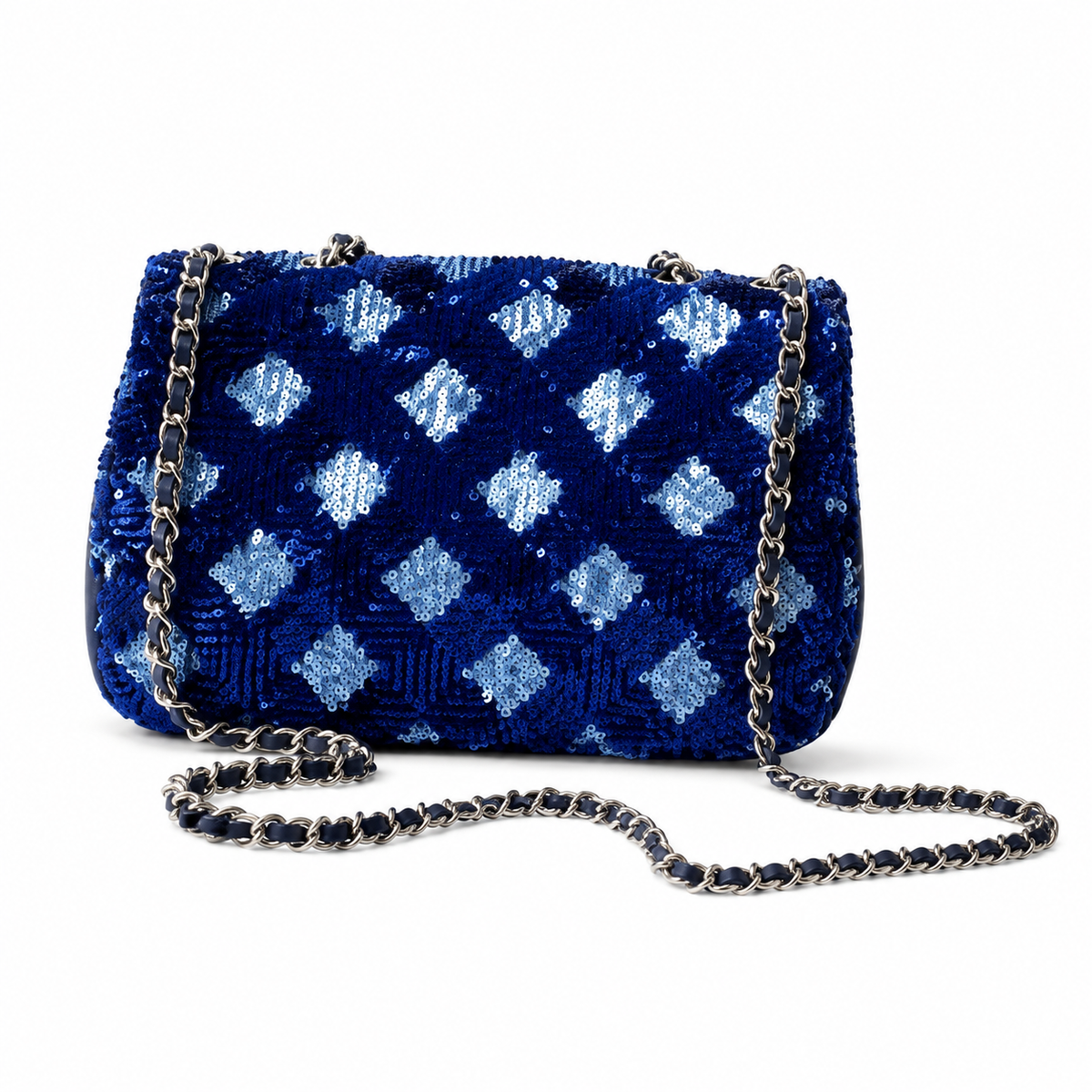 Chanel Royal Blue & Sky Blue Tartan Sequin Flap Bag | Navy Leather Interior, Silver Ball CC & Navy Chain