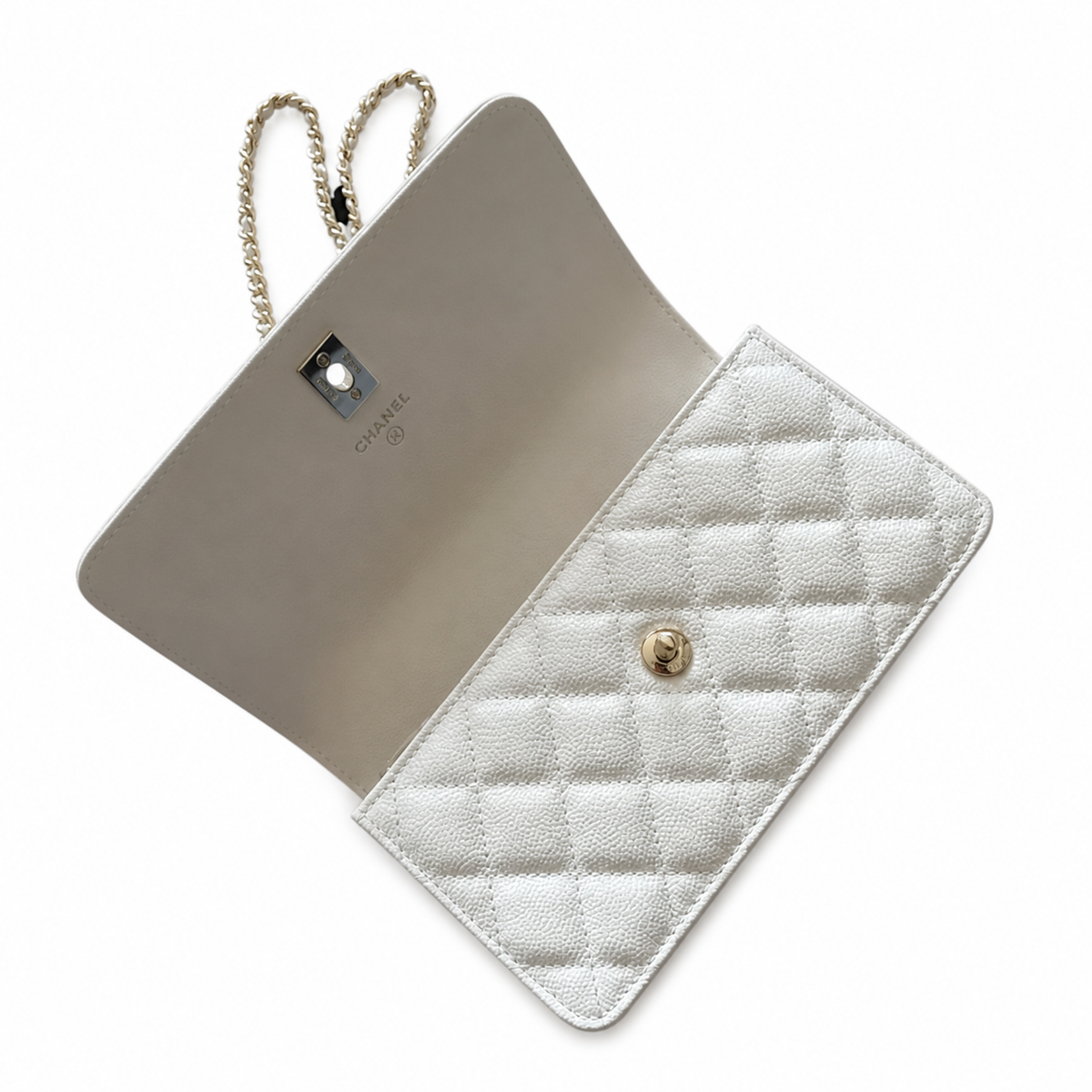Chanel Wallet on Chain WOC White Caviar | Light Gold CC Clasp & Silver Chain — 19cm