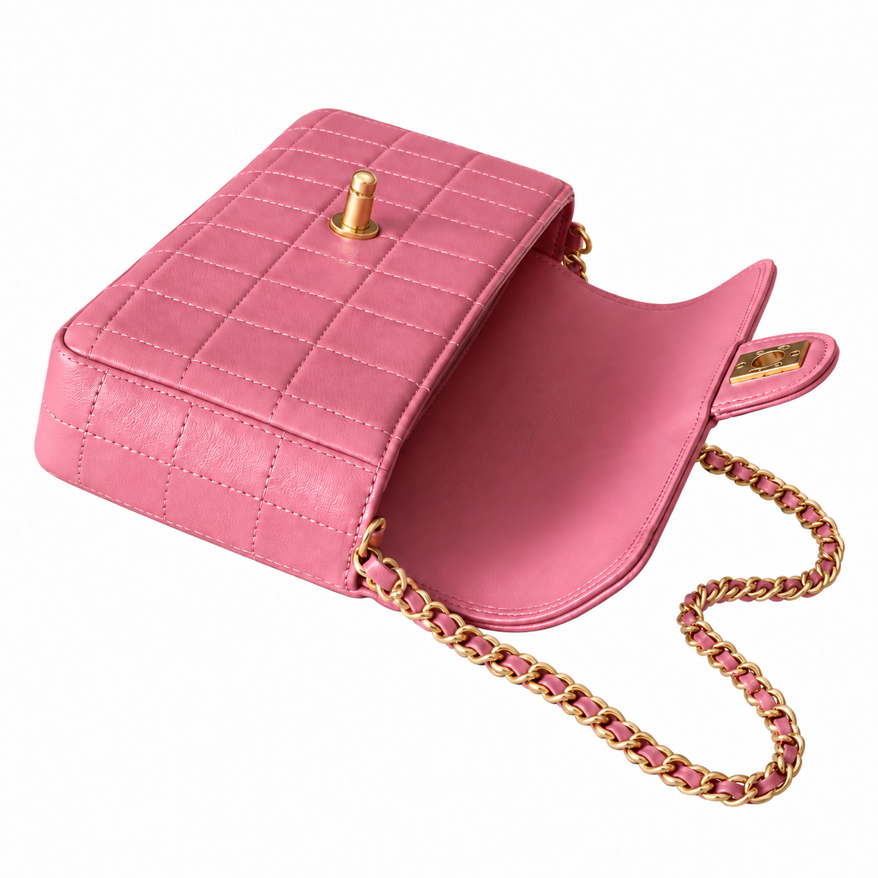Chanel Square Quilted Lambskin East West Flap Bag Pink Gold 26cm