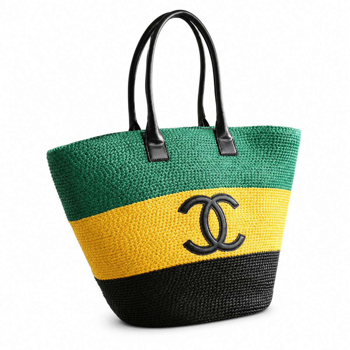 Chanel Green, Yellow & Black Raffia Market Tote | Woven CC & Leather Handles — 58cm