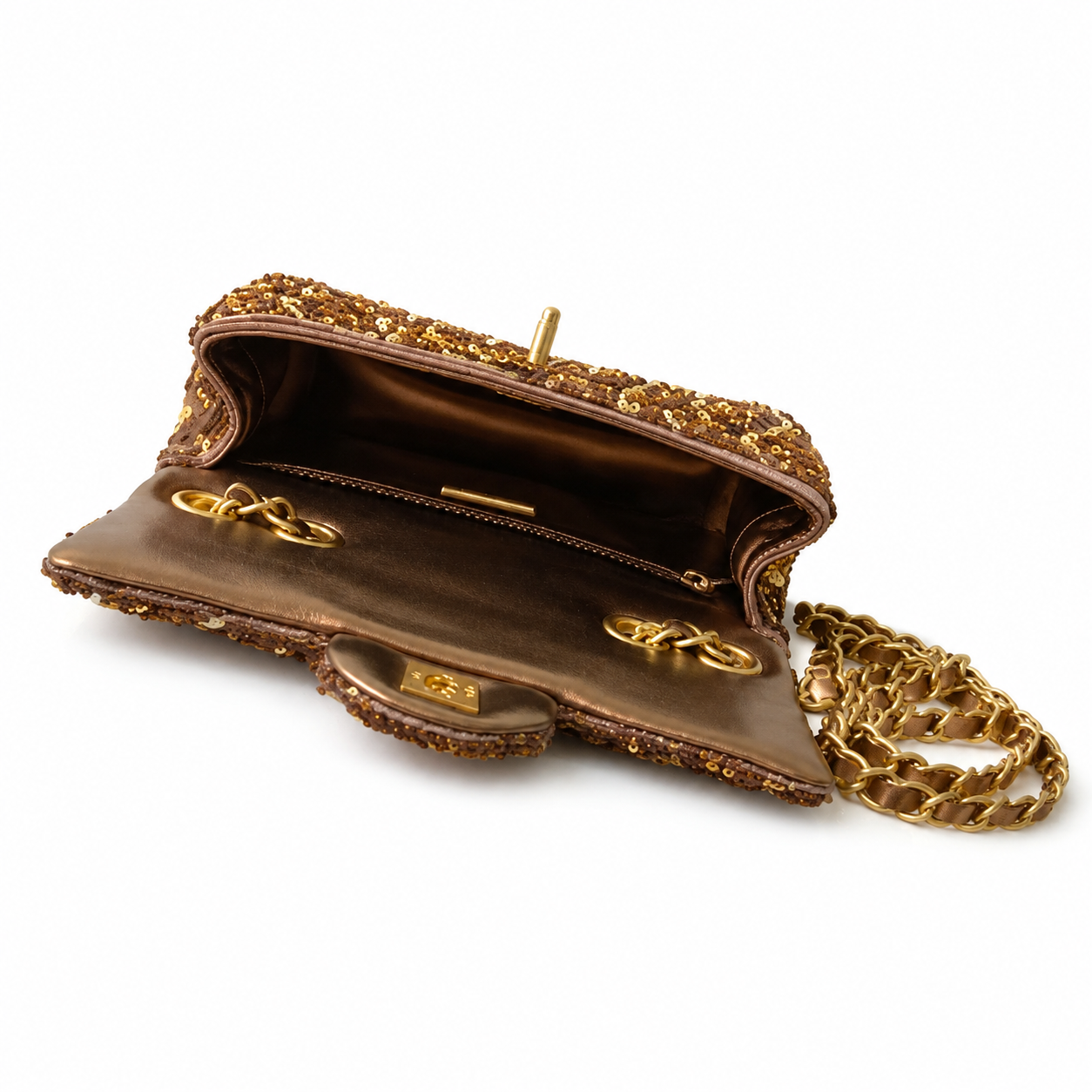 Chanel Chocolate Seed Bead & Champagne Gold Sequin Giraffe-Print Flap Bag | Antique Gold CC & Brown Leather Chain