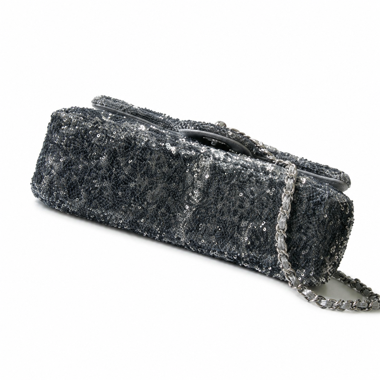 Chanel Charcoal Sequin Flap Bag | Crystal Tennis Chain Strap & Silver Snap Closure