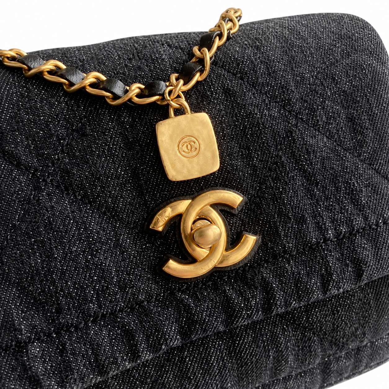 Chanel Denim Quilted Flap Bag | CC Turn-Lock Gold Chain Navy — 35x24cm