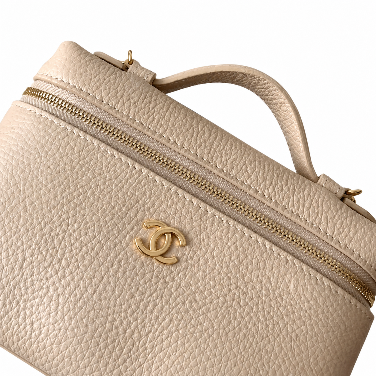 Chanel Cream Pebbled Leather Mini Camera Bag | Top Handle, Zip & Gold Chain